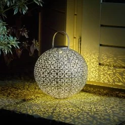 Kölle Solarlaterne Jumbo Damast, Silber Matt, Höhe 32 Cm, Ø 30 Cm